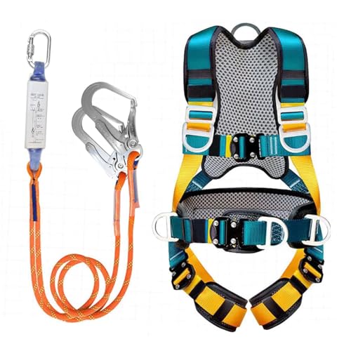 KSHOT Kits de arnés de seguridad con cordón, arnés de seguridad de cuerpo completo para trabajar en altura, arnés de protección de detención de caídas, arnés de escalada ajustable con 2 ganchos y