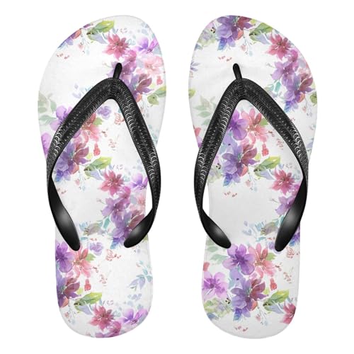 Purple Flower Blossom White Flip Flops for Beach Thong Sandals Anti-slip Lightweight Shower Shoes for Indoor Outdoor House