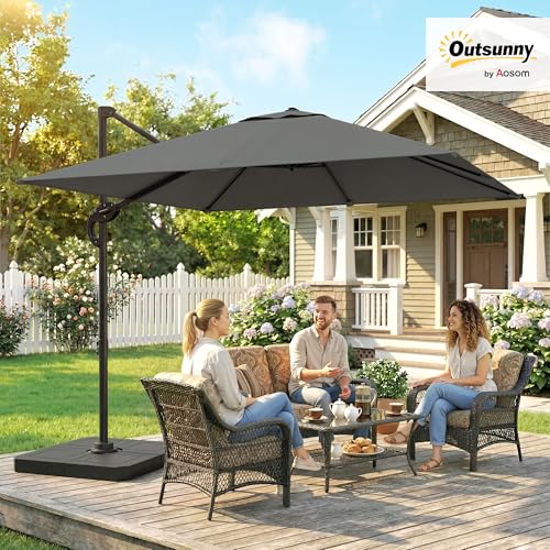Outsunny 2.4 X 2.4 M Cantilever Parasol With Umbrella Weights, UPF50+ Offset Outdoor Umbrella W/360° Rotation And Easy Tilt Adjustment, Aluminium Pole, Hanging Sun Shade, Dark Grey - 2