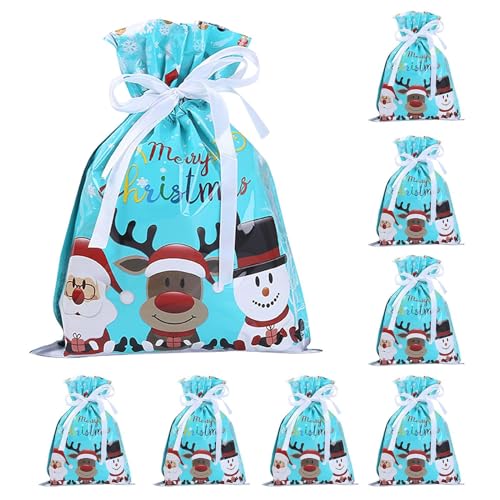 クリスマスラッピングバッグ,8枚セット お菓子用 ひも付きクリスマスギフト袋 - 再利用可能なストッキングスタッファーとパーティーフェイバーのための ジュエリー ウェディング トリーツ スナック ツリーグッズ 友達 子供向け
