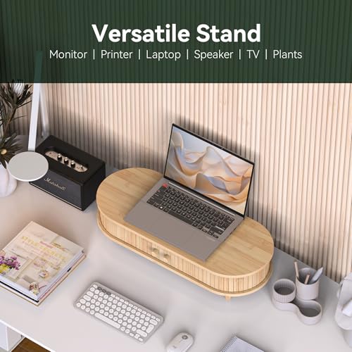 WELL WENG Bamboo Monitor Stand with Storage, Curved Computer Laptop Stand Desk Shelf Organizer with Sliding Doors (25 inch) — view 3