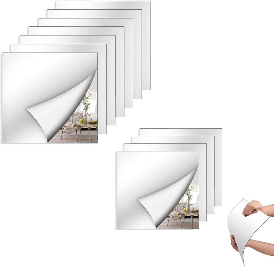 12PCS Self Adhesive Acrylic Mirror, 8"×8" Flexible Wall Mirror Sheets, 2MM Frameless Gym Mirrors Wall Stickers, Small Full Length Mirror Tiles for Home Wall Decor Table Centerpieces DIY Craft