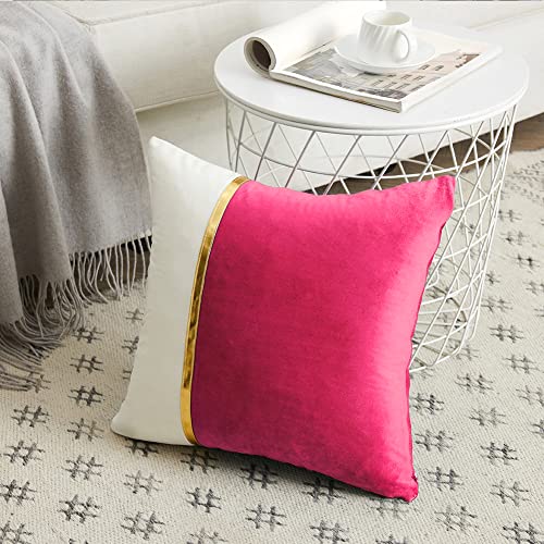 Image of Fancy Homi 2 Packs Hot Pink Decorative Throw Pillow Covers 20x20 Inch for Living Room Couch Bed Sofa, Fuschia and White Velvet Patchwork with Gold Leather, Luxury Home Decor Square Cushion 50x50 cm