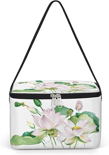 QsirBC Bolsa de almuerzo aislada con diseño de flor de loto para mujeres, reutilizable, bolsa cuadrada de comida para adultos y hombres, lonchera