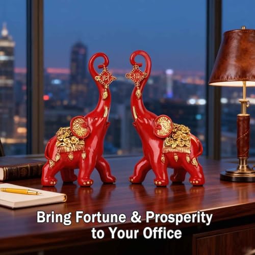 Red Elephant Statues Home Decor, A Pair Red Lucky Elephant Statue and Sculpture Decorativos para Sala, Elephant Gifts for Women - for Living Room Tv Stand, Entry Table Office Ornament - Image 5