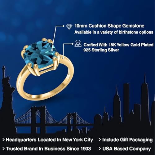 Gem Stone King 3-5 Cttw Gemstone Birthstone Double Prong Solitaire Ring for Women | 18K Yellow Gold Plated Silver | 10MM Cushion Cut | Fine Wedding Anniversary Engagement Promise Ring2