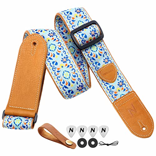 Nefelibata Guitar Strap,Double leather ends,Vintage Woven W/FREE BONUS-4 Picks+Strap Locks+Strap Button,Best Gift For Bass,Electric&Acoustic Guitars for Guitar(Vintage pale blue embroidery)