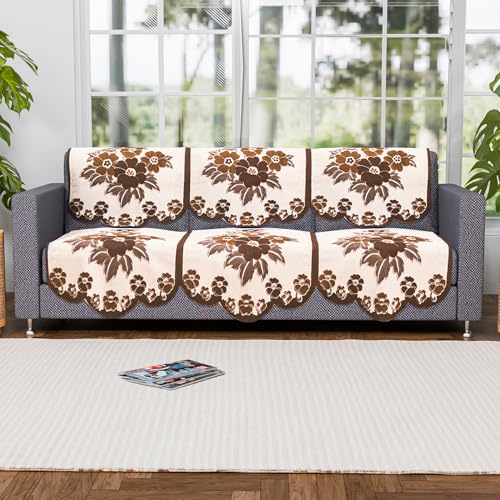 Image of Kuber Industries (Set of 6) Stylish & Durable Cotton Sofa Covers 3 Seater | Washable Sofa Protector /Mat | Suitable Slipcover for Living Room & Office | Painting Print- Cream & Brown