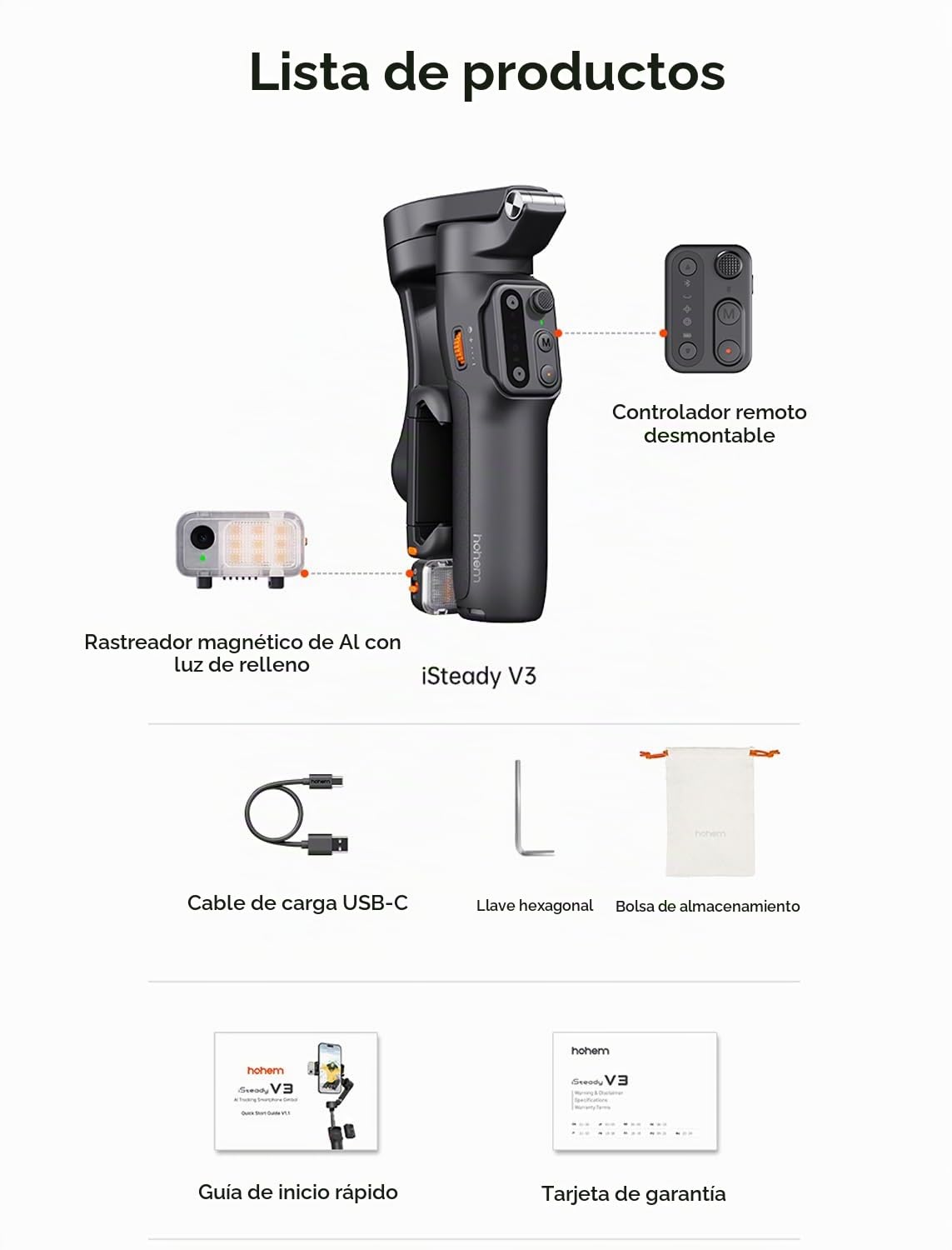 Hohem iSteady V3 Gimbal estabilizador para Smartphone, AI Tracker, luz de Relleno magnética, Control Remoto Desmontable, trípode Integrado con Barra de expansión, Mejorado