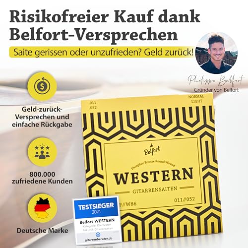 BELFORT Gitarrensaiten für Westerngitarre - Premium Phosphor-Bronze (6 Saiten-Set) für Western-Gitarre & Akustikgitarre BONUS 4 Plektren + Extra hohe acoustic E-Saite (Gitarrensaiten Akustikgitarre)
