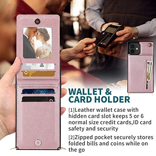 Hoggu Compatible With Iphone 12/Iphone 12 Pro Wallet Case Crossbody Leather With Card Holder,Zipper Purse,Kickstand,Removable Shoulder Strap,Square Corners Case Protective Back Cover 6.1’’-Rose Gold #TOP3