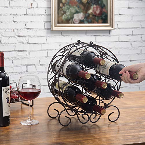 MyGift 7-Bottle Vintage Scrollwork Bronze Metal Tabletop Wine Rack with Handle