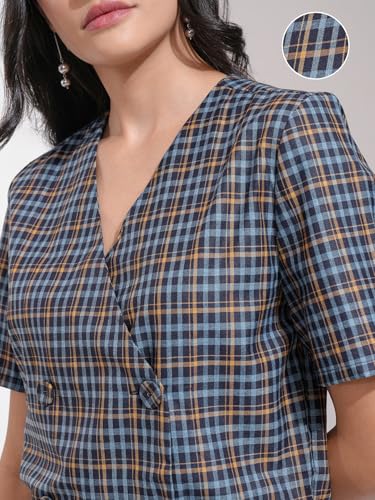 Image of Tokyo Talkies Womens Blue /Mustard Crop Double Breasted Blazer
