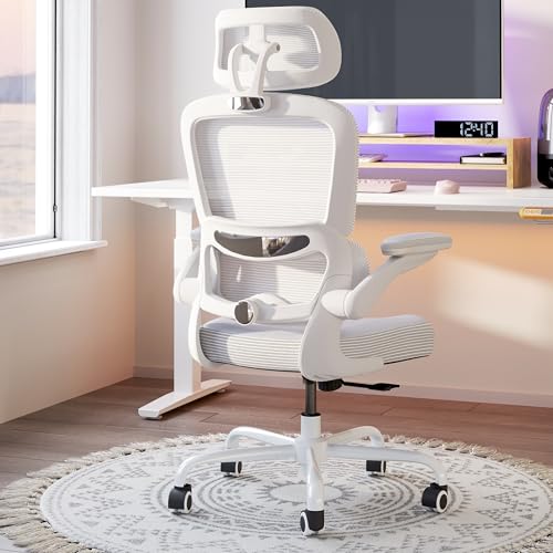 TRALT Ergonomic Office Chair - Desk Chair with Adjustable Headrest Lumbar Support Computer Chair - Mesh Comfy Chair with Flip-up Armrests - Gaming Chairs for Adults Home Office (Leather, White)