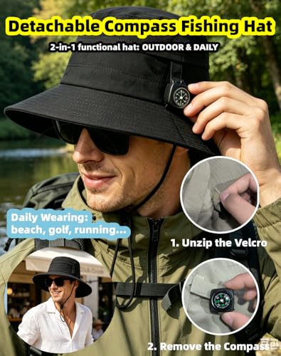 ZOORON Sun Hat for Men Women Detachable Compass, Boonie Hats UPF 50+ Fishing Hat, Lightweight Foldable Bucket Hats for Hiking, Camping, Fishing Black - image 7