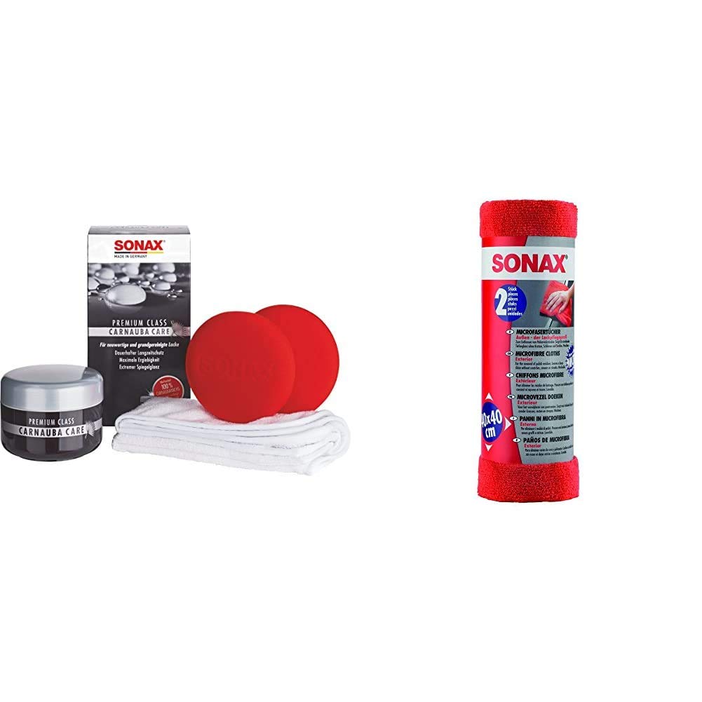 SONAX PremiumClass Carnauba Care (200 ml) inkl. 2x Schwamm und 1x MicrofaserTuch, Hartwachs für alle neuen und grundgereinigten Lacke & MicrofaserTücher Außen - der Lackpflegeprofi (2 Stück)