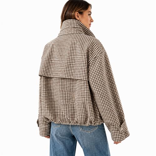 Womens Zip Up Jacket Bomber Jacket Pullover Gingham Stand Collared - image 2