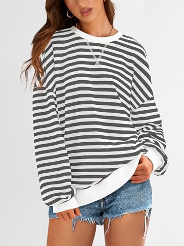 Image of PRETTYGARDEN Womens Striped Oversized Sweatshirt Color Block Crew Neck Long Sleeve Casual Loose Pullover Top Y2K Clothes