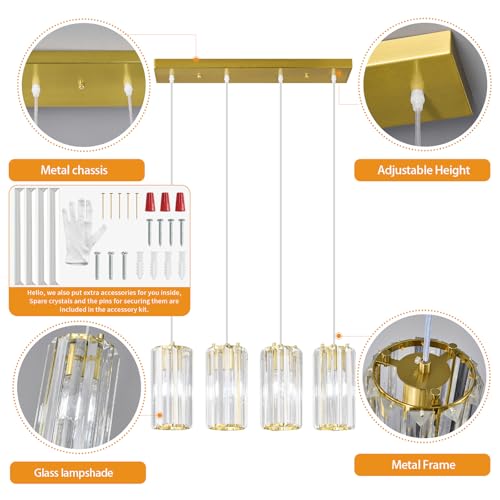 Image of Gold Pendant Lighting Modern Pendant Light, Mini Crystal Chandeliers,Adjustable Pendant Light Fixture for Kitchen Island Dinning Room Corridor Bedroom(Gold 4-Light)