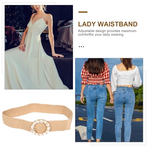 Wide Stretchy Belts for Women, Summer Boho Woven Stretchy Waist Belt with Shell Round Buckle for Vacation Outfits Dresses4