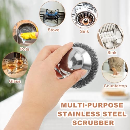 Image of 2pcs Stainless Steel Wool Scrubber with Handle, 2 Replacement Steel Wool Pads for Cleaning Dishes, Metal Scrubber Scouring Stick Dishwashing Brush for Kitchen Pot,Pan,Sink
