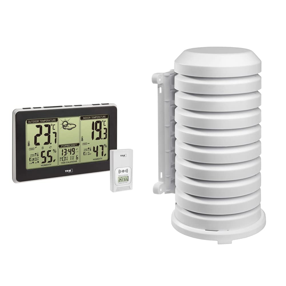 TFA Dostmann MONDO Wetterstation, 35.1151.01, wetterstation funk mit außensensor, Funkuhr, Wettervorhersage, schwarz + Schutzhülle für Sender Artikel, 98.1114.02, leicht zu montieren, weiß