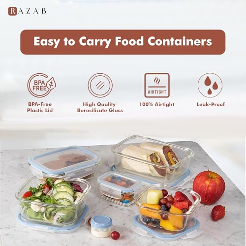 Image of Razab 35 Pc Set Glass Food Storage Containers with Lids - Meal Prep Airtight Bento Boxes BPA-Free 100% Leak Proof (15 lids,15 glass & 5 Plastic Sauce /Dip Containers)