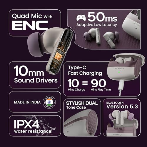 Image of (Refurbished) HAMMER Stellar Enc(Environmental Noise Cancelation)In-Ear Tws With 4 Mics For Crystal Clear Calling, Playtime 48 Hrs, Bt 5.3, Type-C Fast Charging,Metallic Tri-Color Shade, Driver Deep Bass,(Cream)