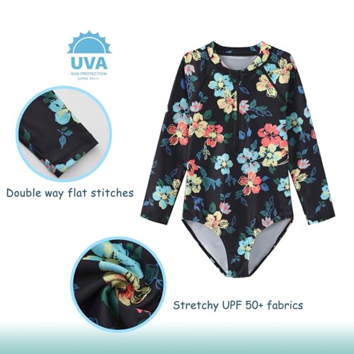 Image of Girls One Piece Swimsuits Long Sleeve Rash Guard for Kids Girls Hawaiian Swim Shirts UPF 50+ Sun Protection