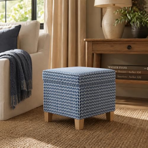 Image of HomePop 18 inch Classic Square Storage Ottoman - Blue Chevron Print