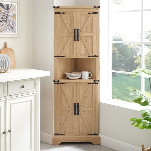 Minifeel Tall Farmhouse Corner Cabinet with 4 Doors and Adjustable