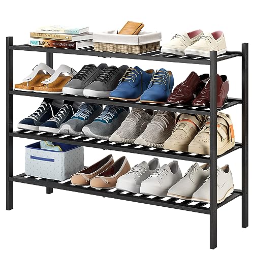Furshus Long Shoe Rack, 4-Tier Bamboo Stackable Shoe Shelf Storage Organizer, Shoe Stand for Closet, Entryway and Hallway(Black)