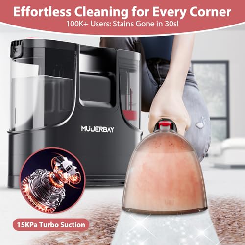 Image of Upholstery Carpet Cleaner, MUJERBAY 15Kpa Portable Spot and Stain Cleaner Shampooer, Easy Move with Handle, 1.5-inch Deep Cleaning Machine for Couch, Stairs, Car and Pet Messes. (Black)