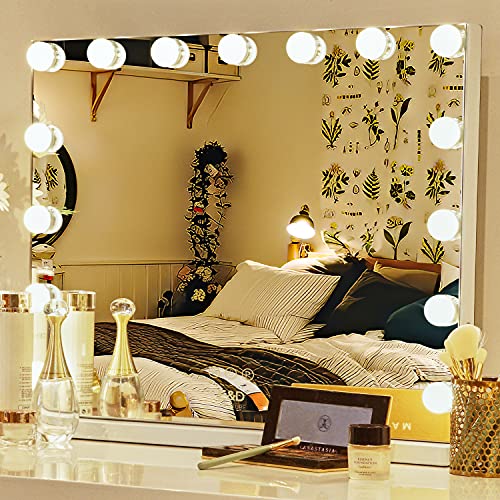 Vanity Mirror with Lights, E&D FURNITURE 2021 Makeup Mirror Lighted Vanity Smart Mirror with Dimmable Bulbs Hollywood Cosmetic Mirror with 15 LED Bulbs Wall Mounted Makeup Mirror
