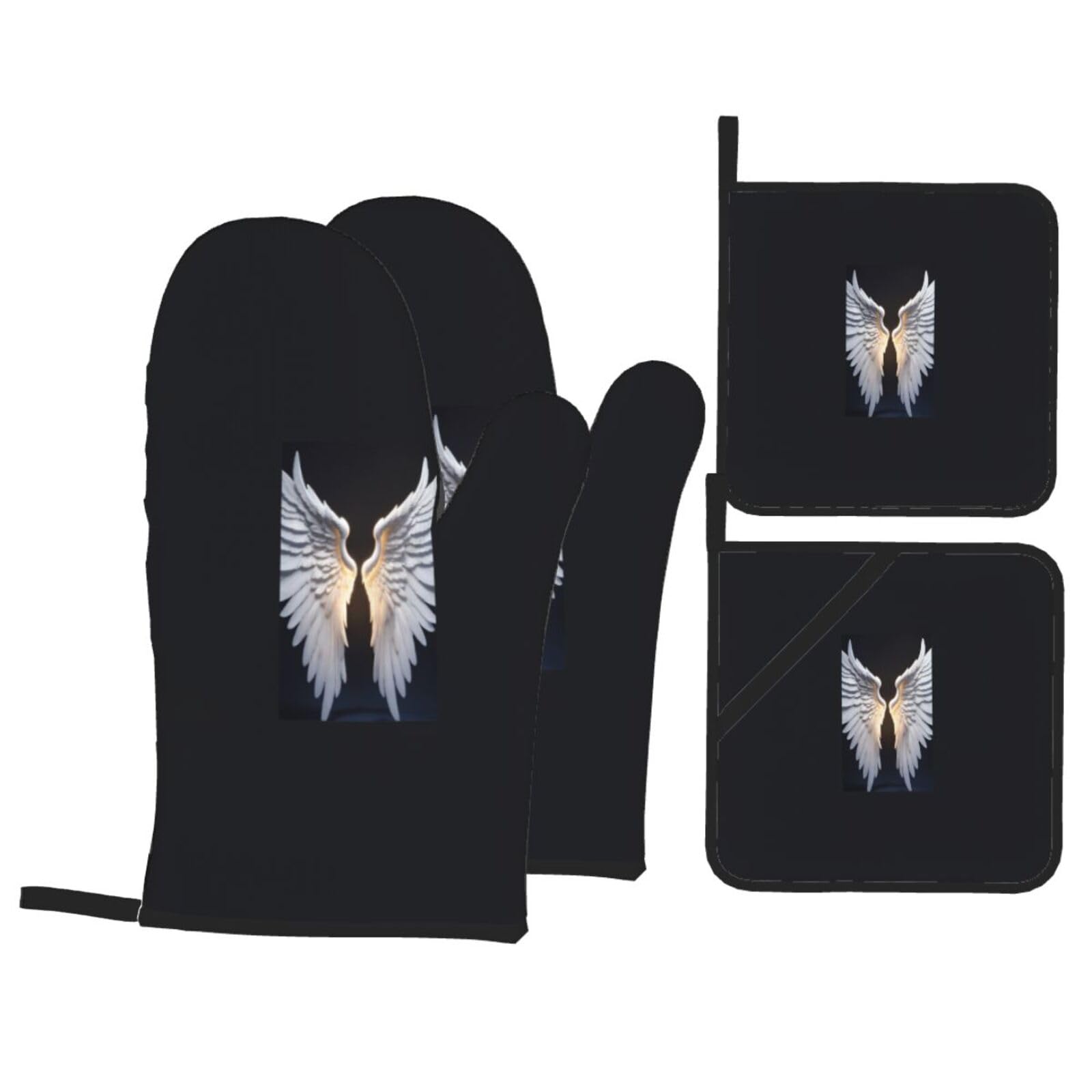 Angel Wing Print 4-Piece Oven Microwaving Set Kitchen Gloves for Holiday Cooking Baking Grilling
