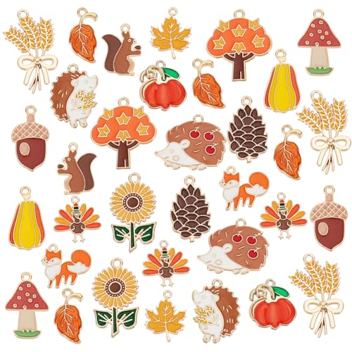 PH PandaHall 60pcs 15 Styles Autumn Charms for Necklace Bracelet Making - Pumpkin Maple Leaf Squirrel Charms for Thanksgiving Fall - Jewelry Making Home Party Decoration