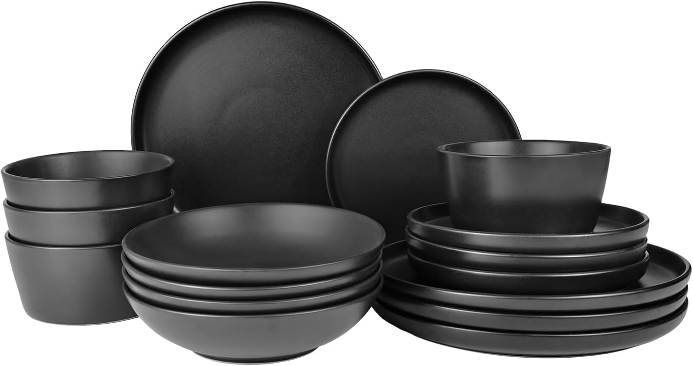 16 Pieces Ceramic Dinnerware set,Plates and Bowls Sets for 4,Black Dinnerware Set for Kitchen, Modern Design Plate Sets with Black Rim, Microwave and Dishwasher Safe