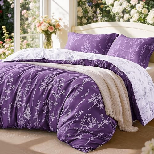 Loves cabin Dark Purple Full Comforter Set - Full Size Comforter Set 3 Pieces Cute Floral Bedding Sets for All Seasons 1 Soft Reversible Botanical Flowers Comforter and 2 Pillow Shams
