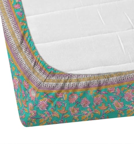 Image of RajasthaniKart Pure Cotton 240 TC Printed Double /King Bed Elastic Fitted Bedsheet with 2 Pillow Covers - All Around Elastic | 72 inchx78 inch, Fits Up to 8 inch Mattress | Green Jaal Jaipuri Print