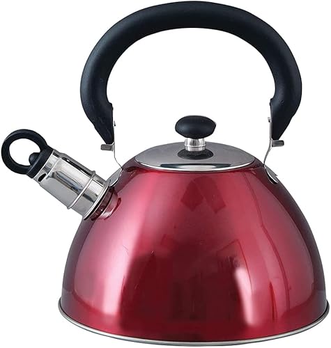 Hervidor de agua para té con silbido Mr. Coffee 91407.02 Flintshire, de acero inoxidable, 1.75 qt, Rojo