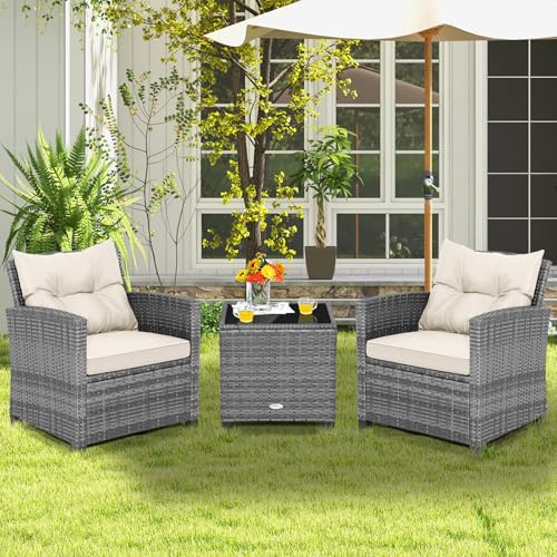 Image of Tangkula 3 Pieces Patio Furniture Set, PE Rattan Wicker 3 Pcs Outdoor Sofa Set w /Washable Cushion and Tempered Glass Tabletop, Conversation Furniture for Garden Poolside Balcony (Mix Grey-White)