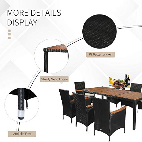 Outsunny 9 Pcs Patio Dining Set Rattan Wicker Furniture Set With Acacia Wood Table Top, Stackable Armrest Chairs With Water-Proof Cushion #TOP5