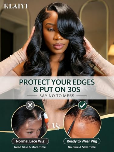 Image of KLAIYI Loose Body Wave Pre Everything Glueless 13x4Lace Front Wigs Human Hair Layered Face Framing Side Bang Drawstring Pre Plucked Bleached Bye Bye Knots 3S Ready to Wear and Go Wig for Women 26Inch