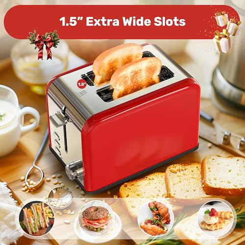 YSSOA-Stainless-Steel-Toaster-2-Slice-with-Extra-Wide-Slot-Removable-Crumb-Tray-6-Shade-Settings-and-BagelDefrostCancel-Functions-Compact-Oven-for-Various-Bread-Waffle-Red-New