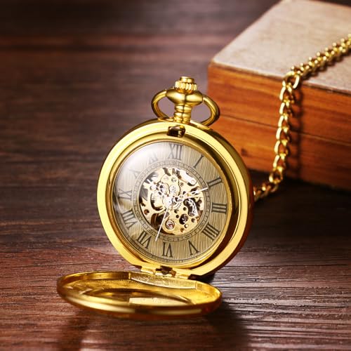 Image of JewelryWe Gold Mechanical Pocket Watch: Men Women Retro Analog Hand Mechanical Glass Carved Pocket Watch for Mother's Day
