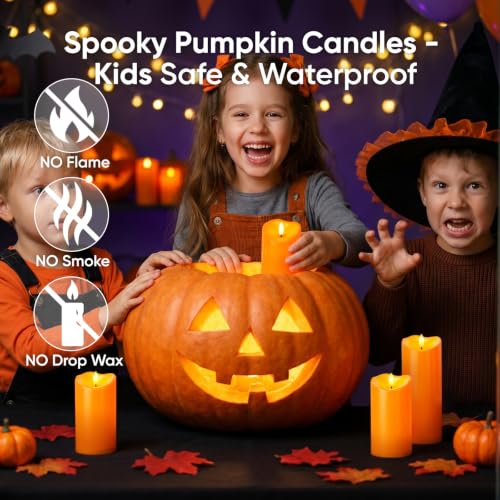 Image of Raycare 8 inchx3 inch Outdoor Waterproof Flameless Candles with Remote and Timer, Battery Operated LED Electric Fake Pillar Candle for Halloween Home Wedding Decor, Orange, Set of 2