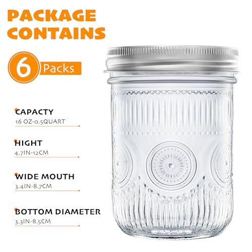 Image of Amzcku 16 oz Vintage Mason Jars with Lids, Regular Mouth Canning Jar, Safe For Storage, Canning, Pickling, Preserving, Fermenting, DIY Crafts & Decor 6 Pack