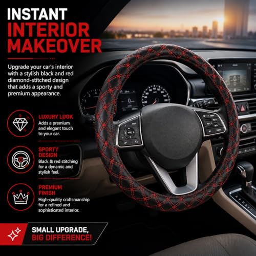Image of Car Steering Wheel Cover for Car, Premium Leatherette Steering Cover, Anti-Slip Grip, Sweat Resistant, Comfortable Hold, Easy Install, Black-Red for Tata Punch