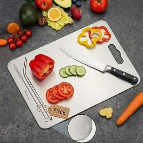 Image of Empune 304 Stainless Steel Rectangular Chopping Board for Kitchen | with 1 Steel Straw & Anti-Skid Silicon Pad | Both Side Usable | for Cutting Vegetables, Meat, Fish, Fruits | M | 31 x 21 cm