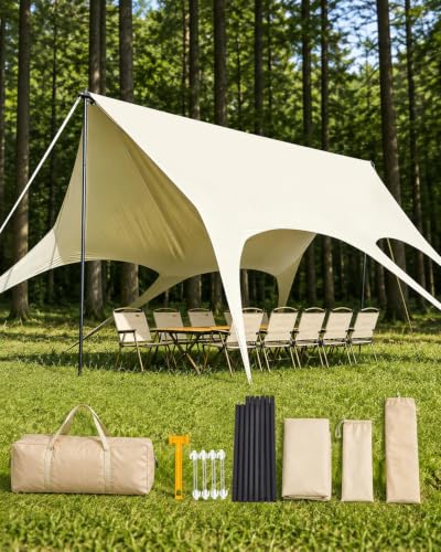 Camping Tarp with Poles, 10x18FT Tarp Shelter, No Guy Lines, Beige, Fast Setup, Water-Resistant 210D Oxford Fabric, 8.5FT Assembled Poles, Fits Up to 10 People for Camping & Picnic - image 1